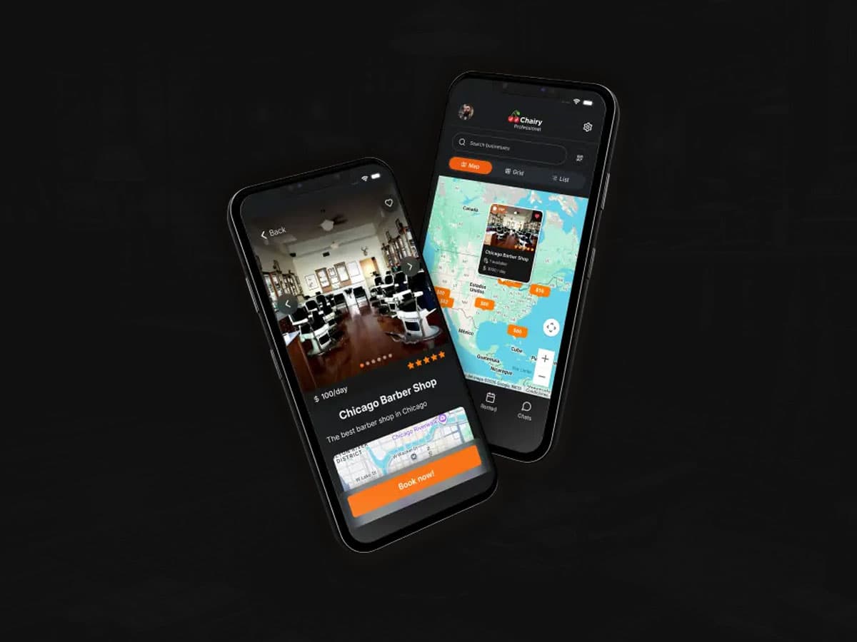 Chairy app interface for finding and listing salon and barbershop chairs