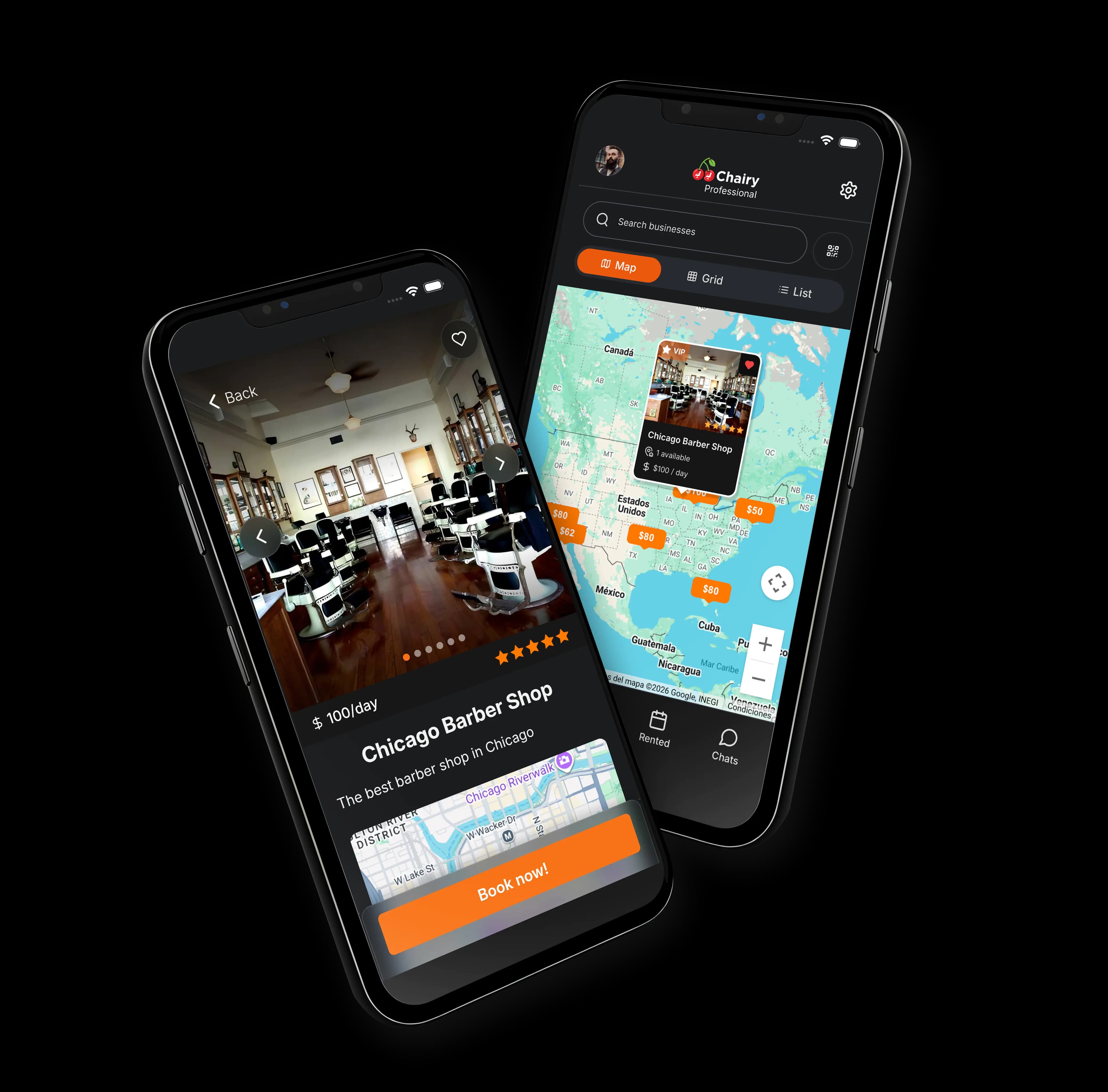 Chairy app interface for finding and listing salon and barbershop chairs